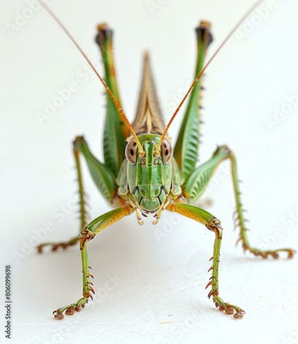 A green katydid on a white background