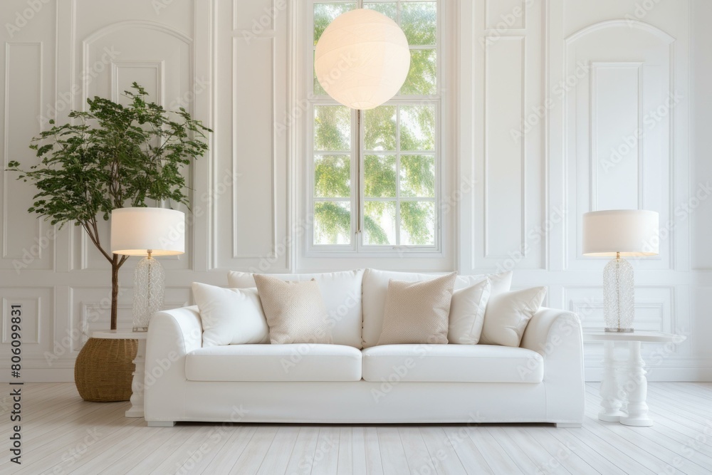 Elegant white living room interior with sofa and stylish decor Elegant white living room interior with sofa and stylish decor