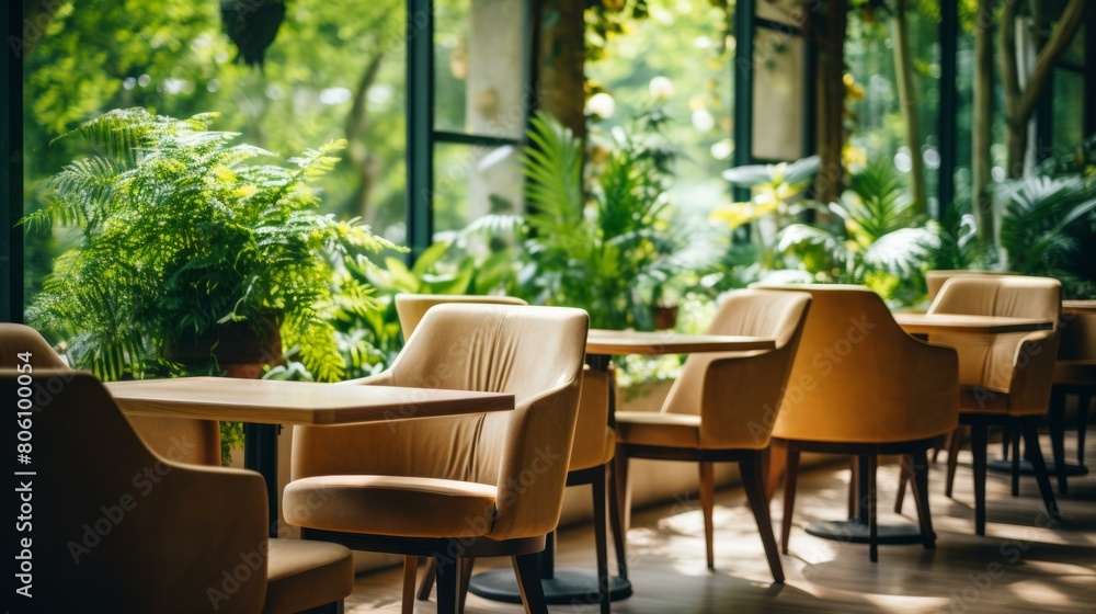 Modern restaurant interior with green plants