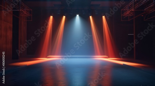 Modern dance stage light background with spotlight illuminated for modern dance production stage. Empty stage with creative lighting. Stage lighting art design. Entertainment show. Generative AI.