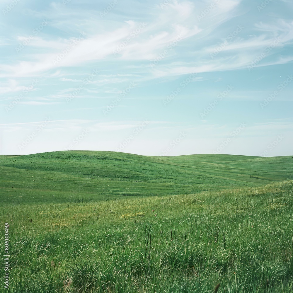 Green rolling hills under blue sky with white clouds Green rolling hills under blue sky with white clouds