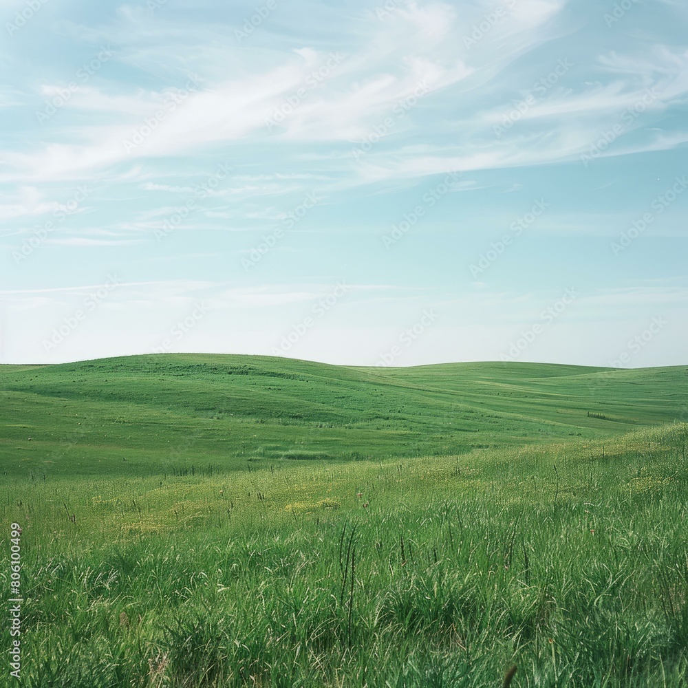 Green rolling hills under blue sky with white clouds