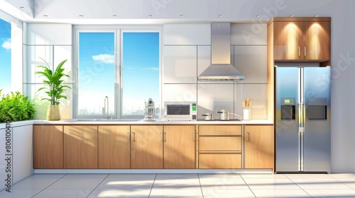 Modern home kitchen interior with cooking cabinet  fridge and panoramic window hyper realistic 