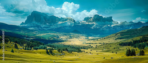 Panoramic View of the Dolomite Mountains  Lush Green Meadows Under a Clear Blue Sky  Idyllic Summer Retreat