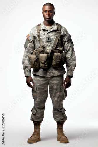 A soldier wearing a military uniform and a bulletproof vest