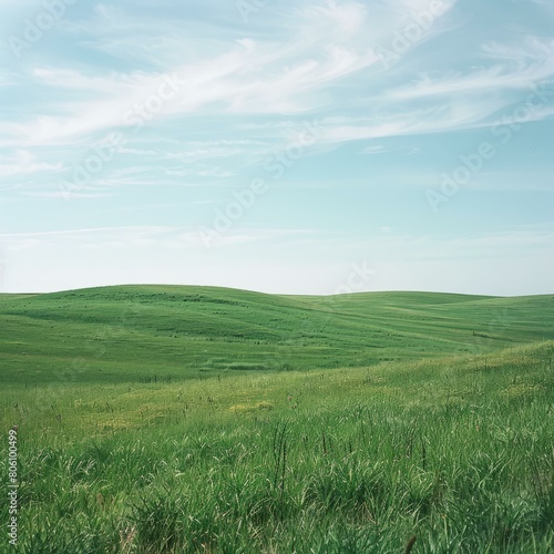 Green rolling hills under blue sky with white clouds