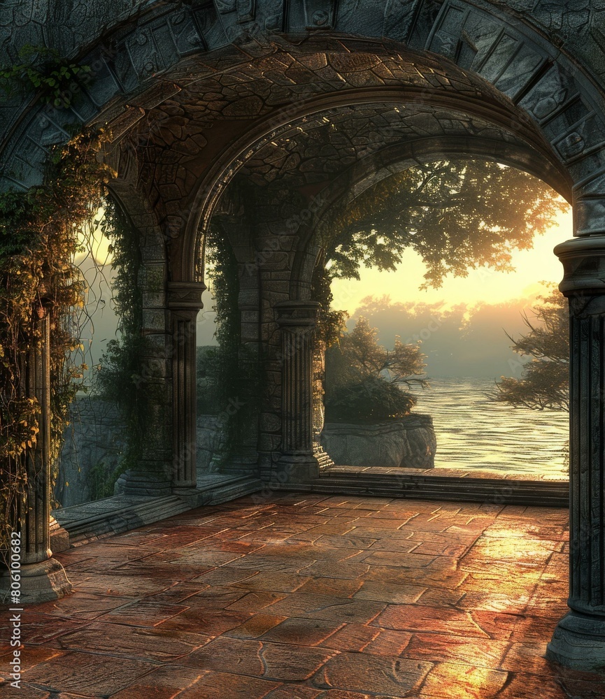 Obraz premium fantasy stone archway overlooking a lake at sunset