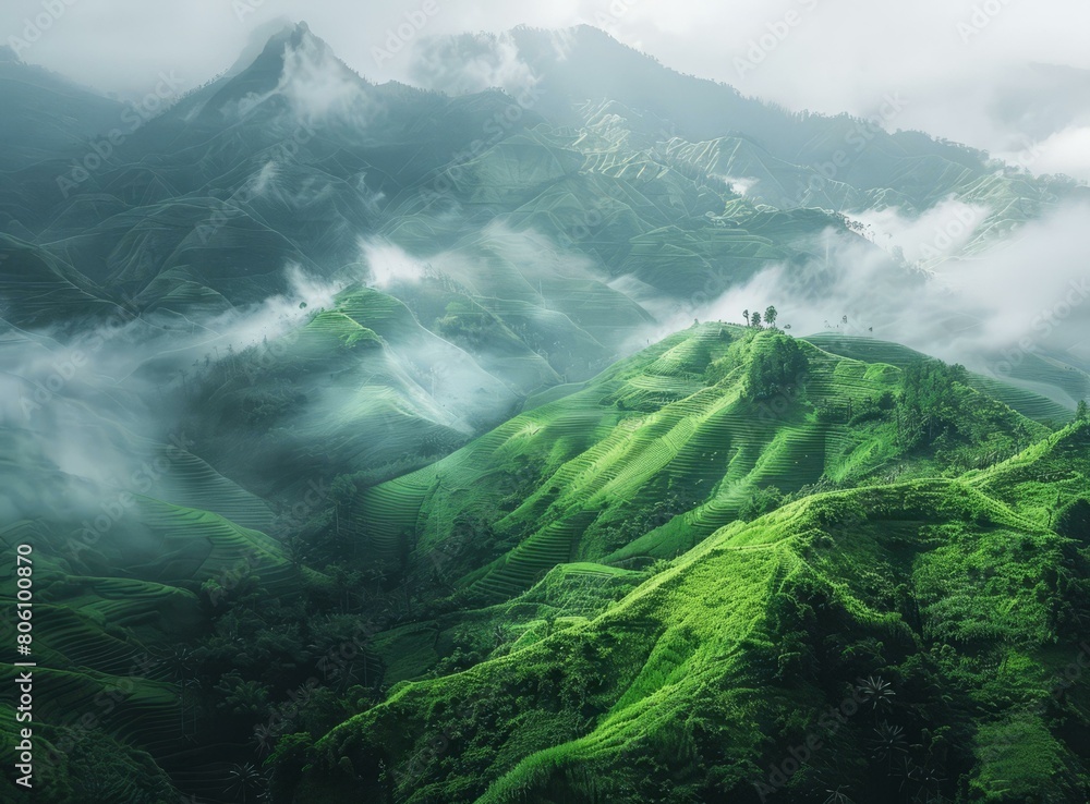 Obraz premium Green hills and mountains landscape with fog