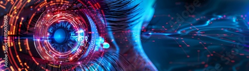 Futuristic poster depicting a cybernetic eye with digital circuit patterns, neon accents on dark background, techinspired art