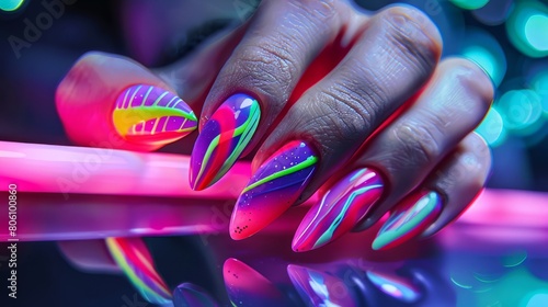 Neon lights nail design, vibrant colors, electric patterns, matte effect. Glamour woman hand with nail polish on her fingernails. Nail art and design. hyper realistic 