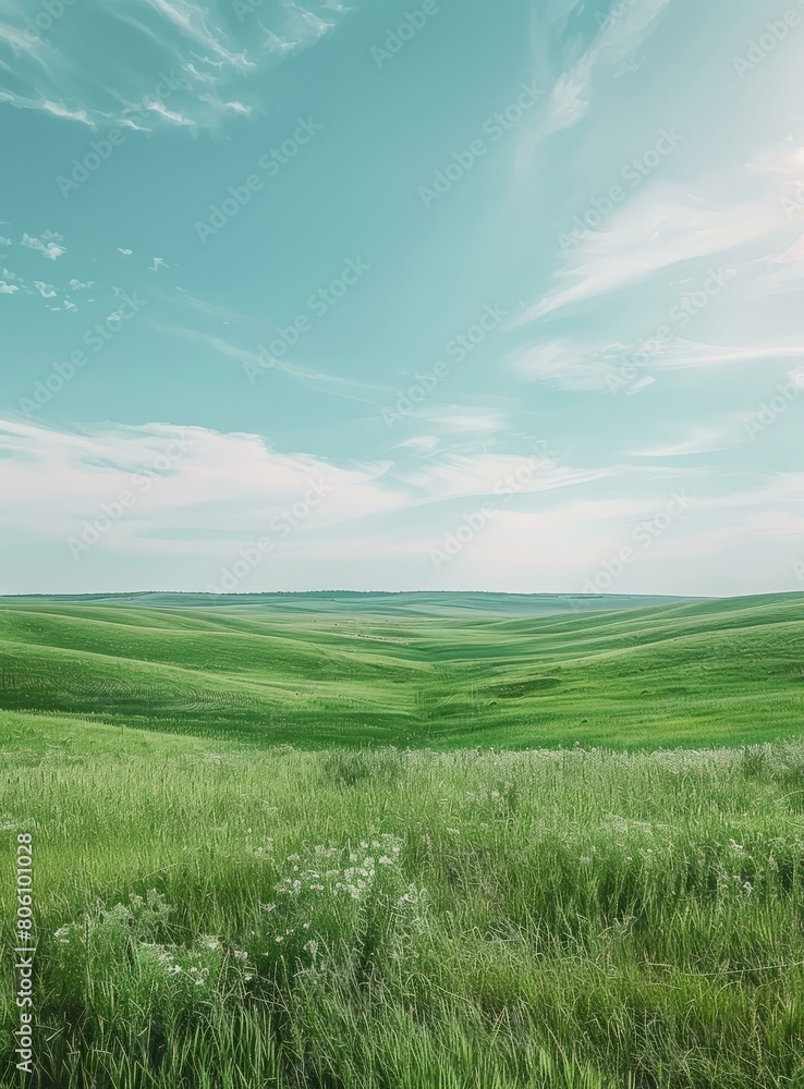 Fototapeta premium Green rolling hills under blue sky with white clouds