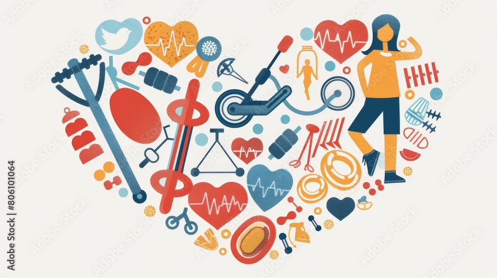 Fitness and health poster featuring a heart with different sports equipment integrated into the design, motivational and bright Fitness and health poster featuring a heart with different sports equipment integrated into the design, motivational and bright