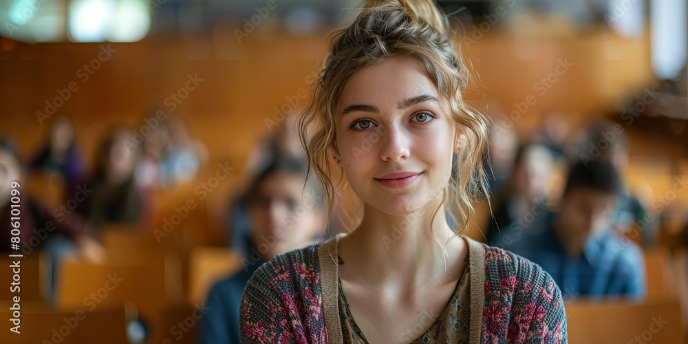 radiant female teacher with a floral cardigan in a bustling university lecture hall looking at camera radiant female teacher with a floral cardigan in a bustling university lecture hall looking at camera