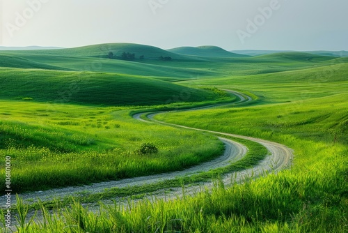 Curving rural road through bright green rolling hills