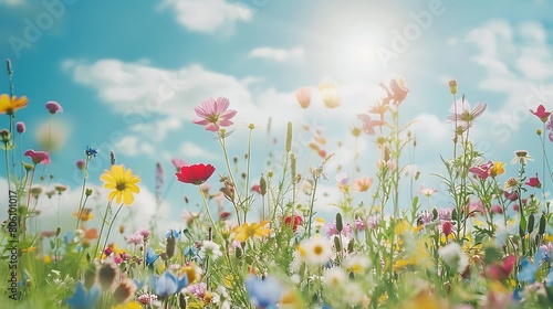 A field of colorful wildflowers swaying in the breeze under a bright sunny sky, a picturesque nature background. © Balqees