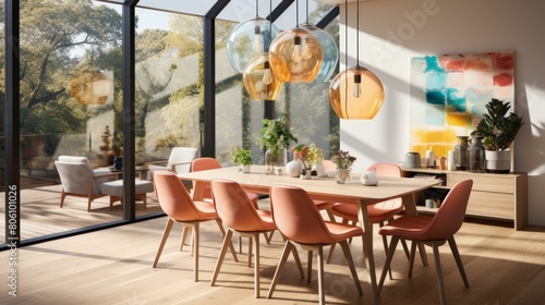 A beautiful dining room with a large wooden table and pink chairs