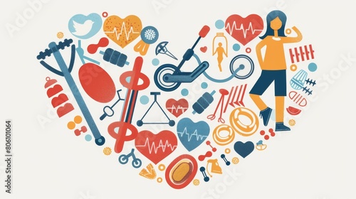 Fitness and health poster featuring a heart with different sports equipment integrated into the design  motivational and bright