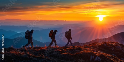 People walking beautiful sunset on mountain