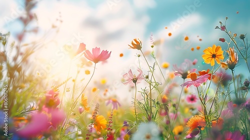 A field of colorful wildflowers swaying in the breeze under a bright sunny sky  a picturesque nature background.