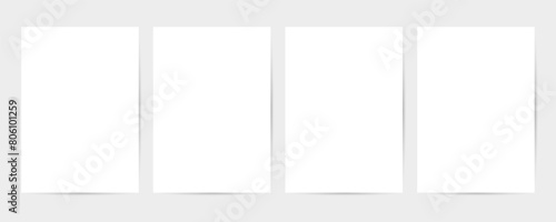 Vertical white paper rectangles with shadows on grey background. Empty four sheets of paper portrait orientation. Vector template for cards, posters, banners