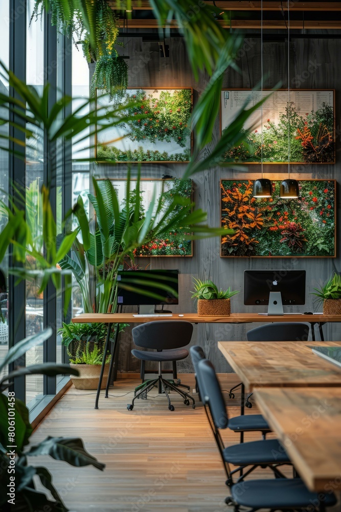 Modern office interior with green plants and wooden furniture Modern office interior with green plants and wooden furniture