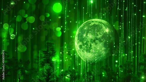Green data matrix and trees on the moon, digital bar graphs. photo
