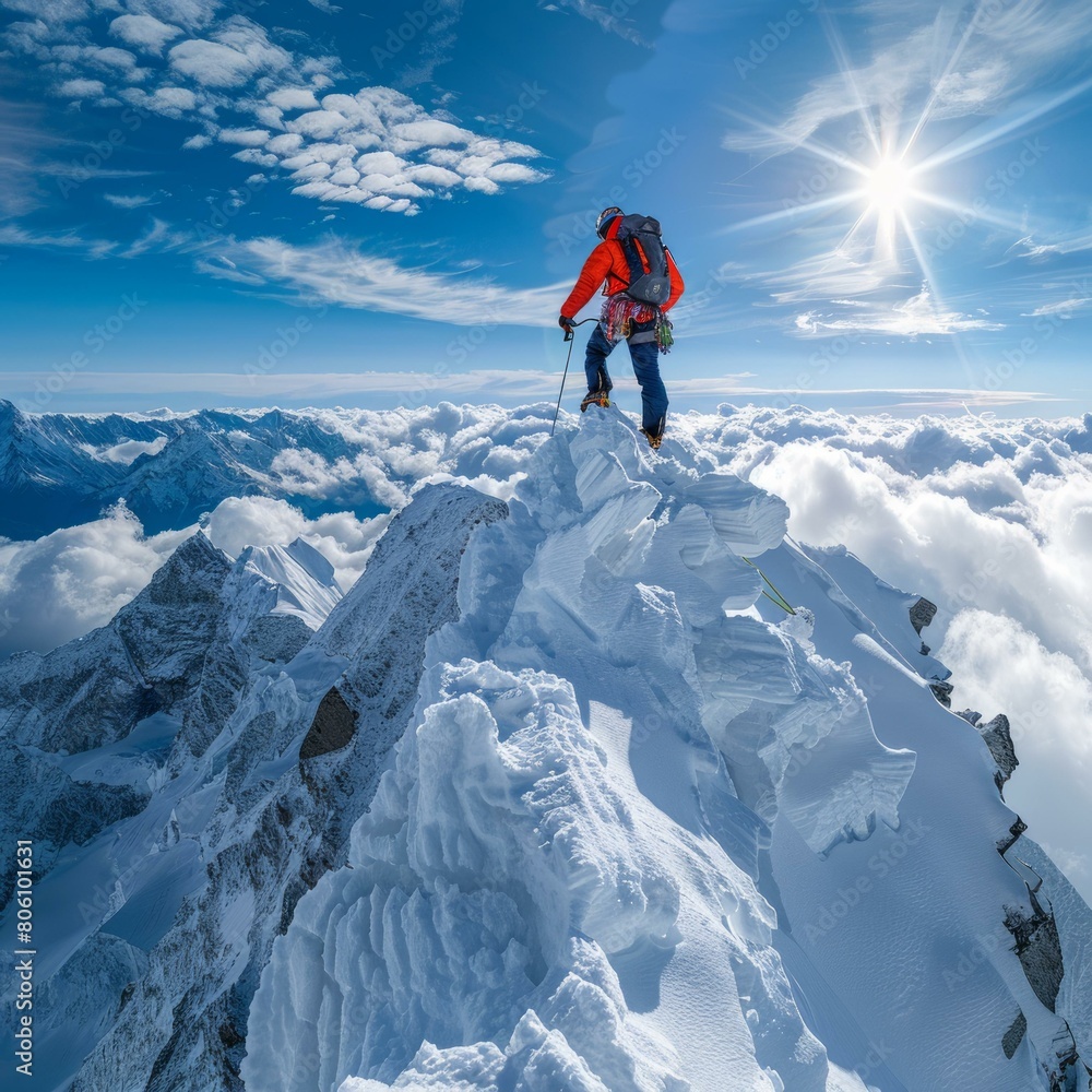 Mountaineer on the summit of a snow-capped mountain Mountaineer on the summit of a snow-capped mountain