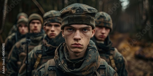 group of emotionless young soldiers in military uniform standing in a forest and looking at camera