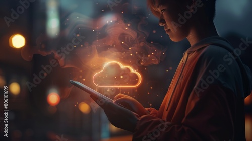 Person holding a tablet with a glowing cloud symbol above it, representing cloud data storage technology on a dark background. Generative AI hyper realistic  photo