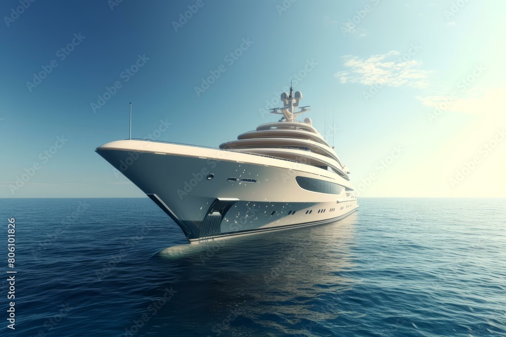 A large white luxury yacht is cruising on the open ocean. A large white luxury yacht is cruising on the open ocean.