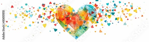 Digital art poster featuring a geometric heart, composed of various colorful shapes, on an isolated white background