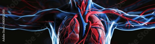 Detailed educational poster of the human circulatory system, showing arteries, veins, and capillaries, labeled for medical training photo