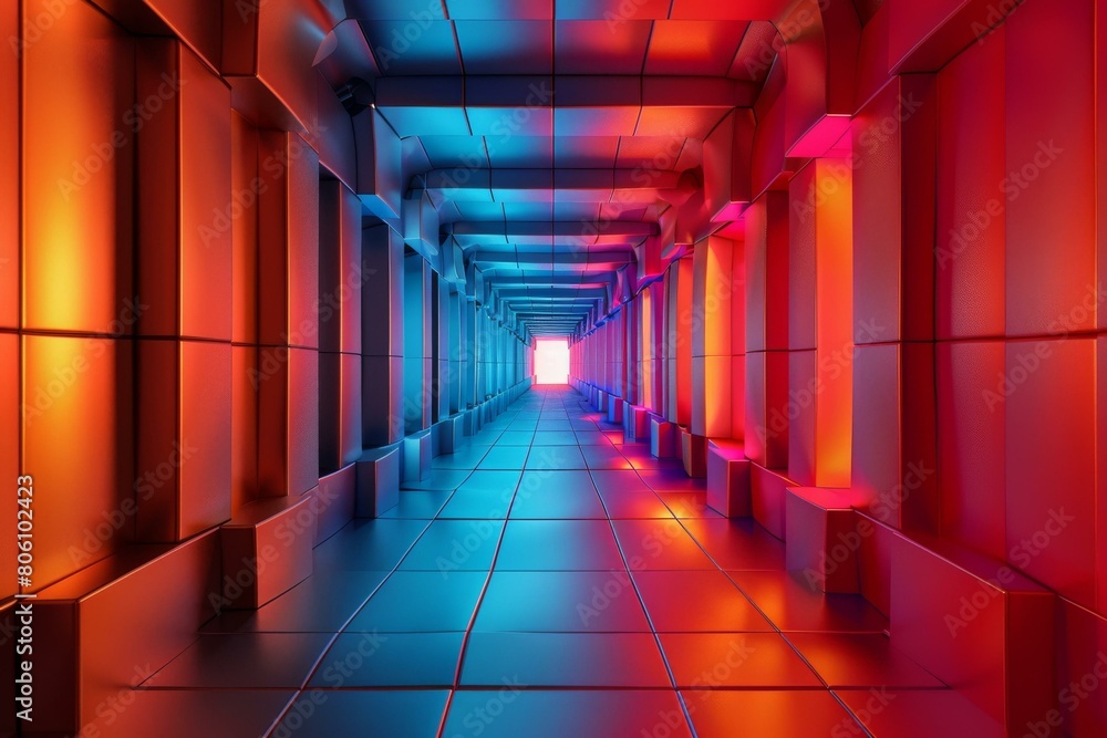 Futuristic Sci-Fi Corridor With Blue And Red Neon Lights