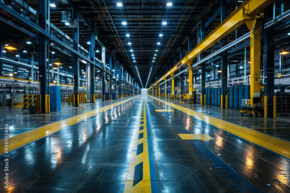 Fototapeta premium An empty factory building with yellow lines on the floor