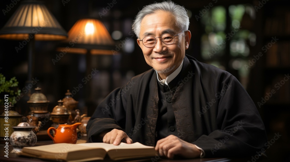 Portrait of a smiling elderly Chinese man reading a book in a traditional Chinese study Portrait of a smiling elderly Chinese man reading a book in a traditional Chinese study