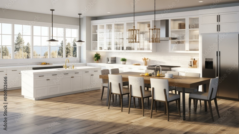 Fototapeta premium Large bright white kitchen with island and hardwood floors