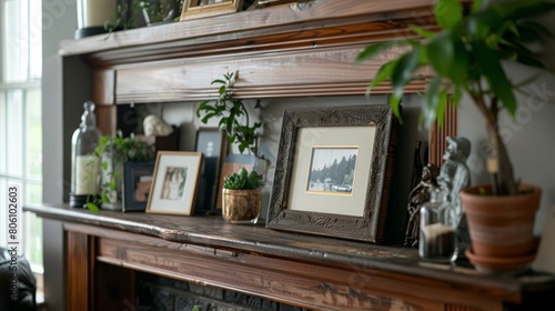 Positioned on a mantel shelf with family photos, Personalization, Texture Contrast, The frame is placed on a mantel shelf alongside family photos photo