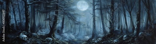Artistic representation of bones in a mystical forest setting  dark tones with highlights of moonlight  perfect for gothic decor