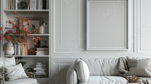 Leaning against the wall next to a bookshelf  Clean Lines  Neutral Color Palette  The frame leans against a white wall adjacent to a bookshelf filled with books and decorative items