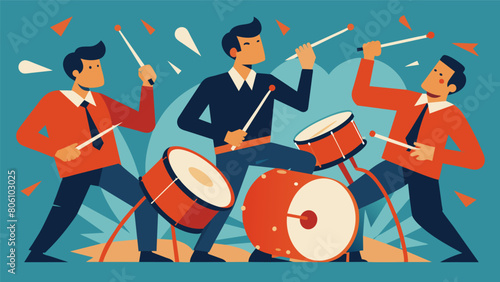 The percussionists pounded their drums with an anxious frenzy each beat adding to the atmosphere of chaos..