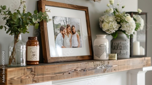 Positioned on a mantel shelf with family photos, Personalization, Texture Contrast, The frame is placed on a mantel shelf alongside family photos