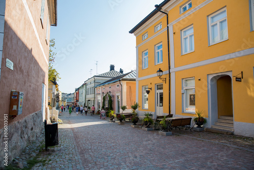 Porvoo, Finland. Narrow streets of Old town of Porvoo. Picturesque colorful wooden houses. Historic center, touristic place, landmark of Finland. Warm sunny summer day in nordic country. © Suzi Media 