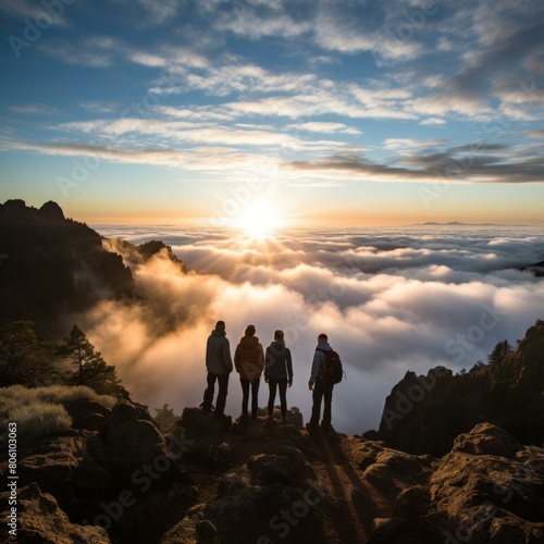 People standing on a mountaintop overlooking a sea of clouds