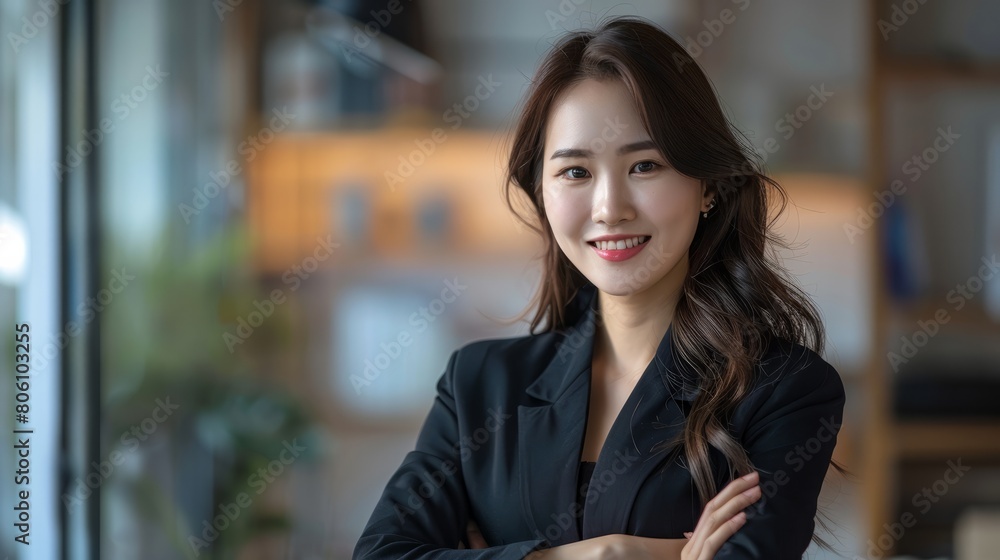 Smiling elegant confident young professional Korean business woman , female proud leader, smart asian businesswoman lawyer or company manager executive looking at camera standing in office Smiling elegant confident young professional Korean business woman , female proud leader, smart asian businesswoman lawyer or company manager executive looking at camera standing in office