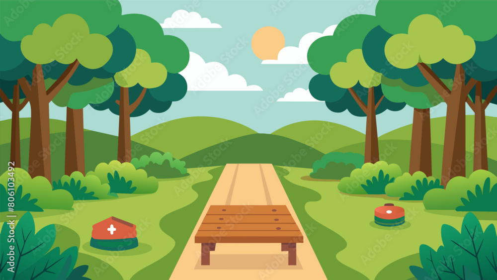 A treelined path with wooden benches and yoga mats for hikers to pause and participate in a guided stretching session surrounded by nature.. Vector illustration
