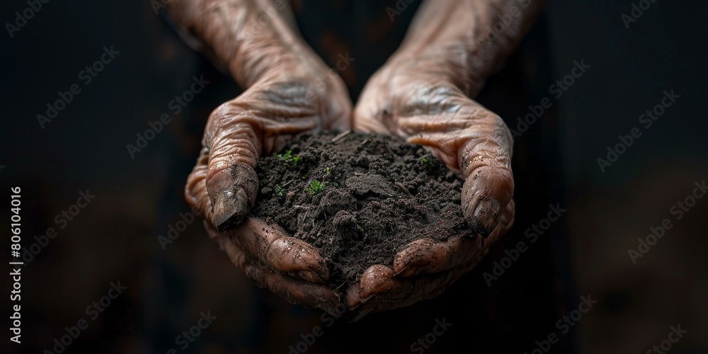 Close up of a farmer's hands holding soil with a plant growing out of it