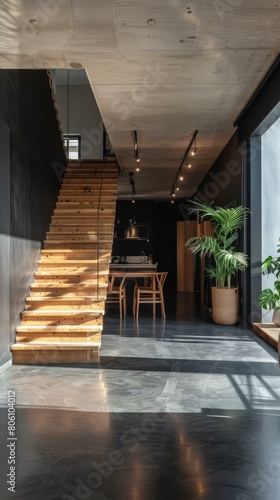 Wooden staircase in a modern house with dark walls