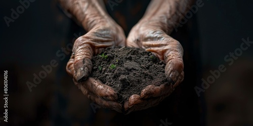 Close up of a farmer s hands holding soil with a plant growing out of it