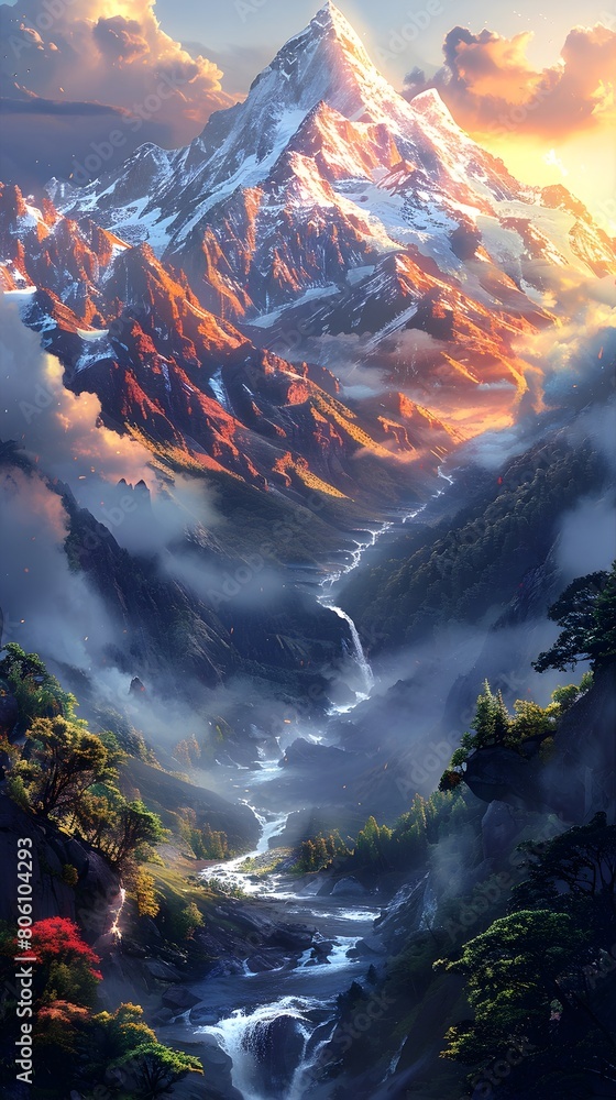 Snow-Capped Peaks Soaring Towards the Heavens: A Majestic Alpine Landscape at Sunset