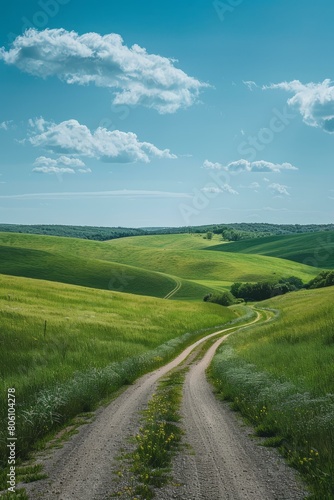 Scenic view of a rural road through green hills